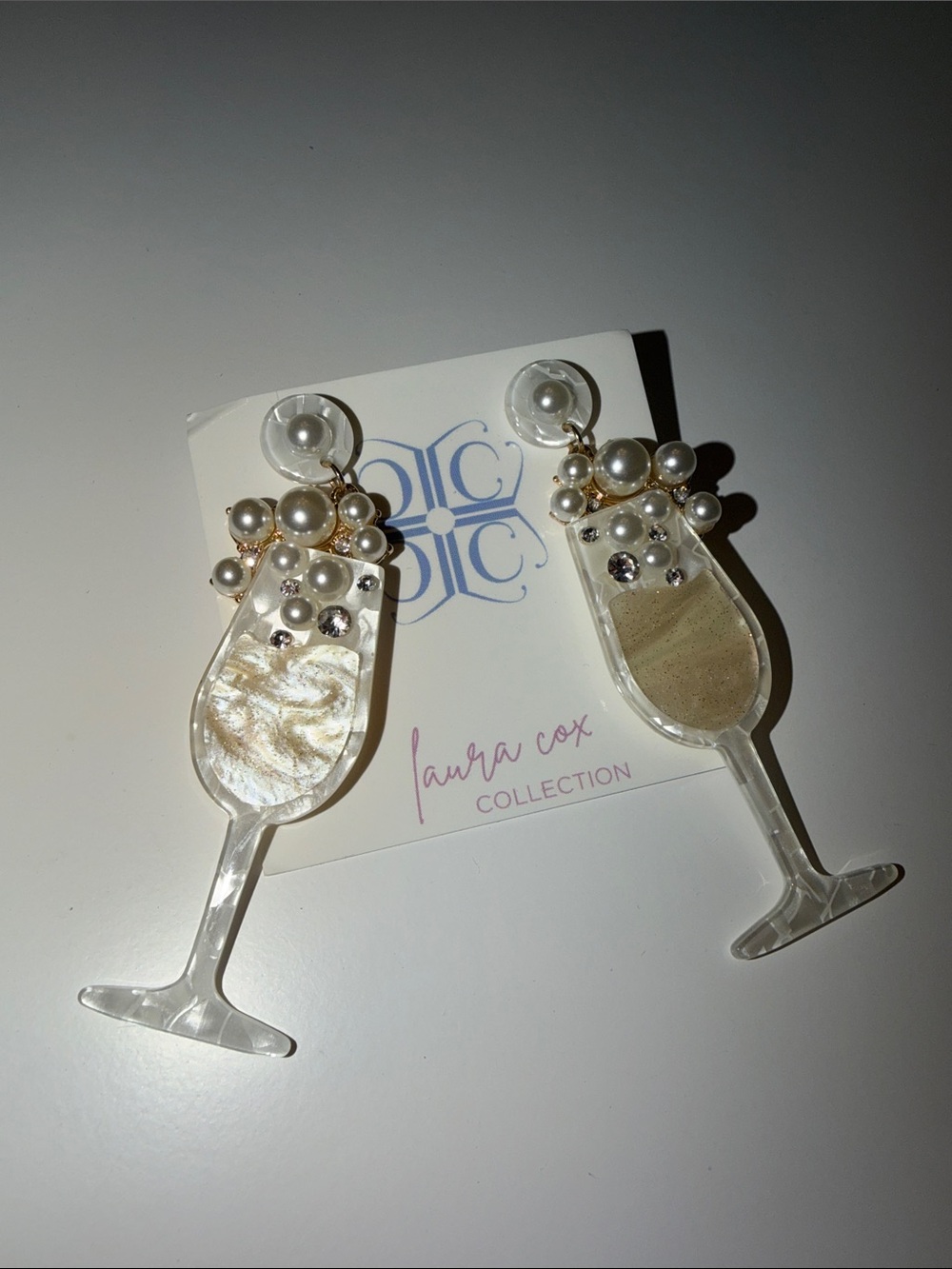 Laura Cox Champagne Glass Drop Earrings — Pearl & Crystal Accents